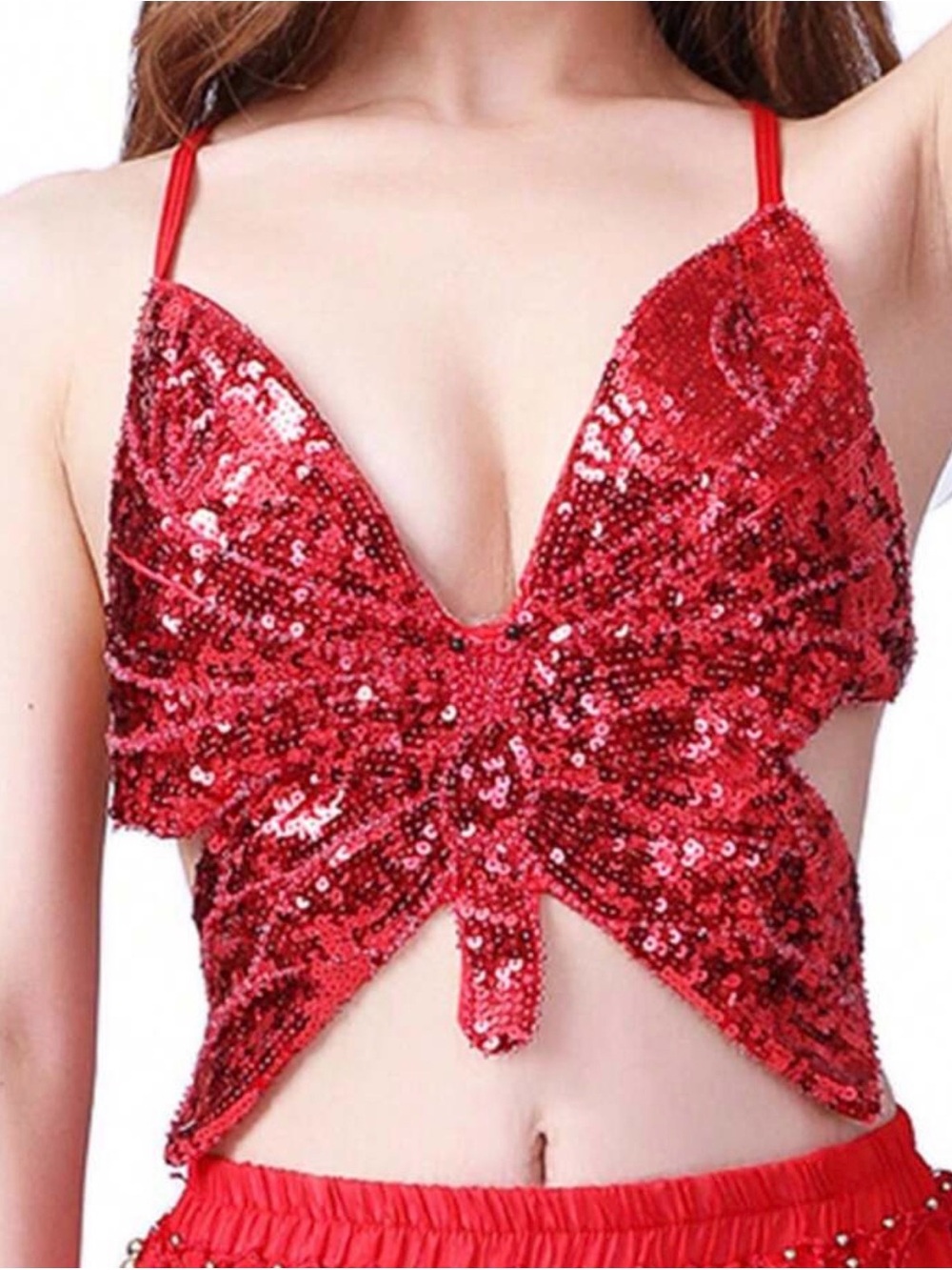 SHEIN red sequin butterfly cross cross tie top